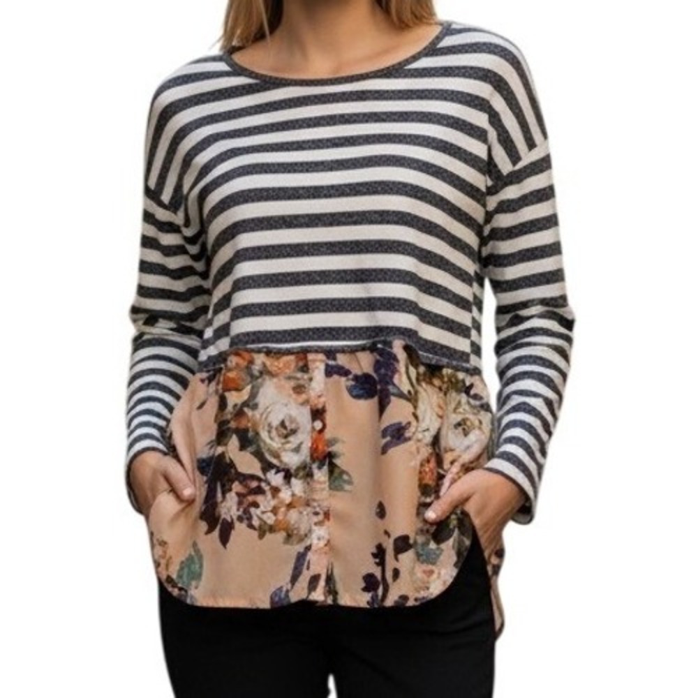 ANTHROPOLOGIE POSTMARKβ Striped Floral Mixed Media L/S Ginny Top EUC Size Small